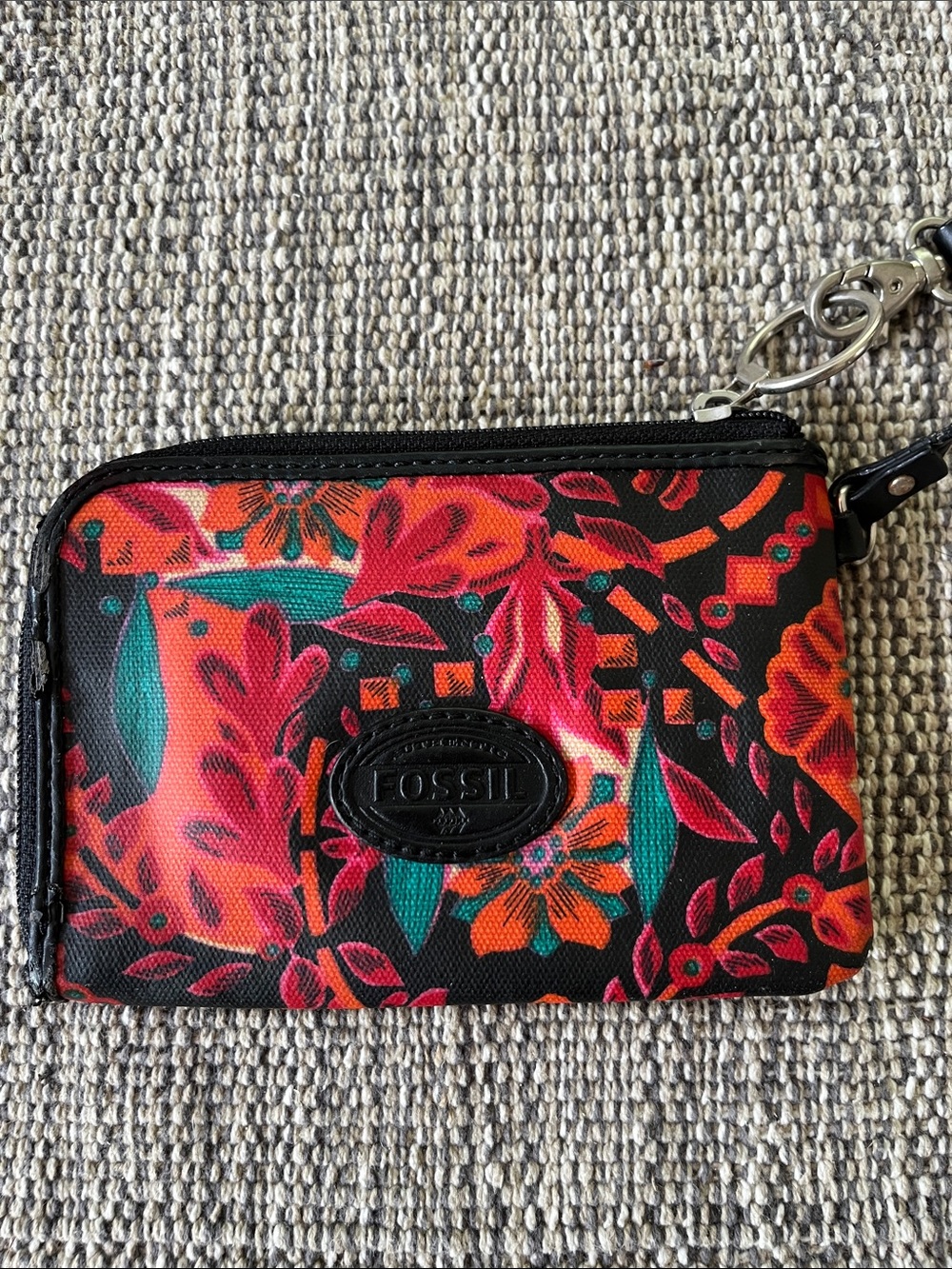 Fossil Black Floral Zip Card Case with Teal & Red Accents